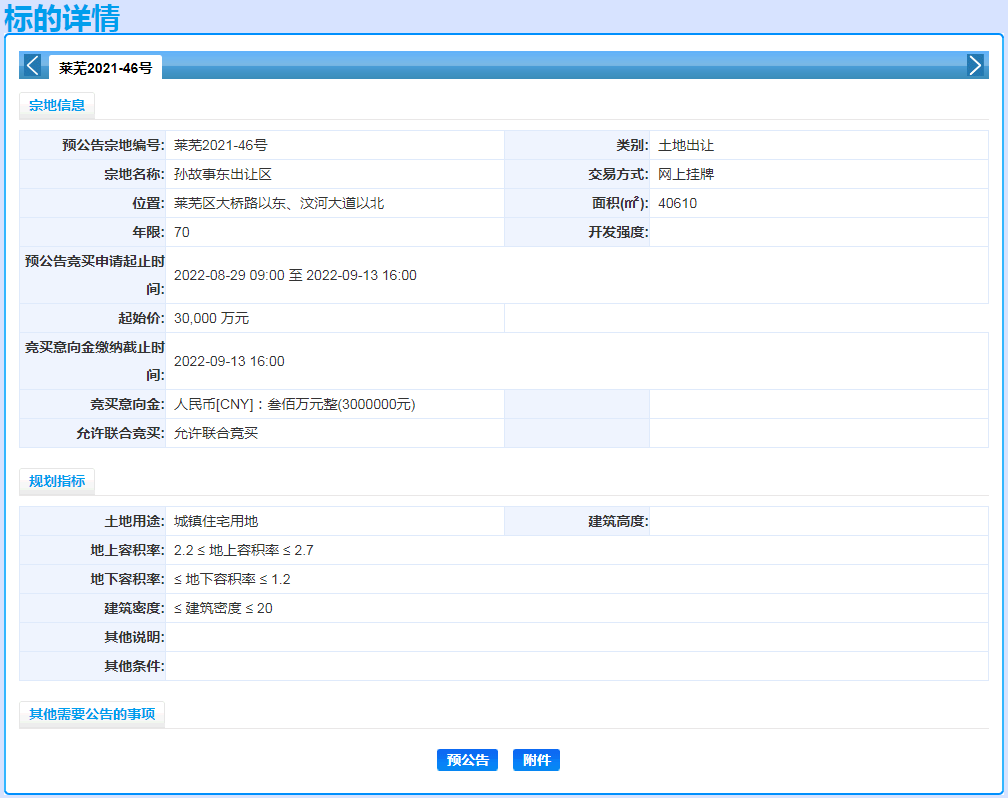 近日，济南市第三批次集中供地的预公告挂出，其中莱芜区推出共5宗地块，包含4宗住宅用地、1宗商业用地。  莱芜2021-1-1号（住宅） 莱芜2021-1-2号（商业） 徐家河地块   宗地编号:  莱芜2021-1-1号 宗地名称:  徐家河住宅用地 位置: 莱芜区莲河南侧、万福北路以东A地块 起始价: 22000 万元 出让面积: 34403㎡ 年限:  70 土地用途: 城镇住宅用地 容积率:(图8)